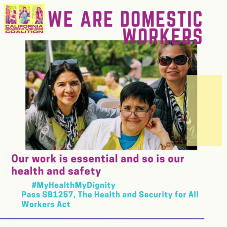 One of the graphics for our digital campaign-domestic workers smiling at a grassroots lobbying event.